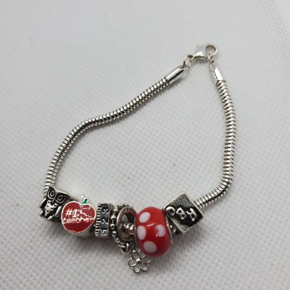 Silver Tone & Red Teacher European Charm Bracelet